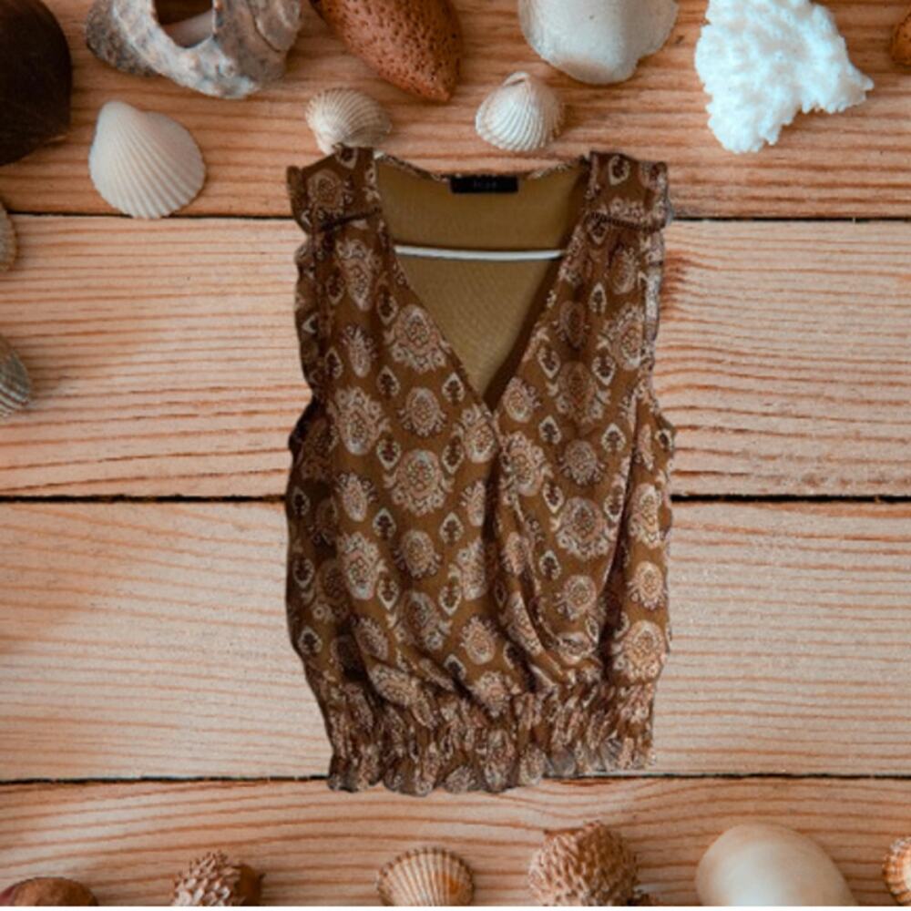 Eclair small sleeveless lined 2 tone tan polyester woman's blouse.